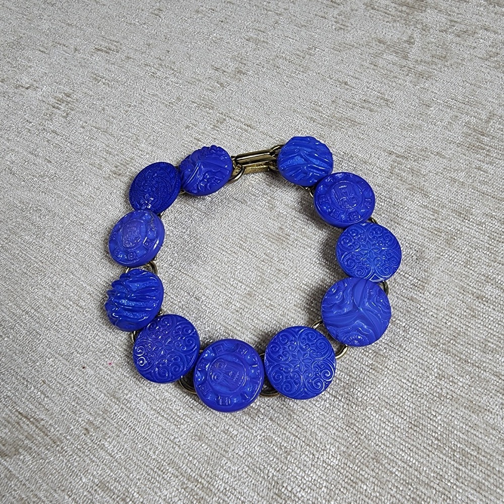 Vintage Button Blue Glass Detailed Image Embossed Bracelet Brass Links 7.5"